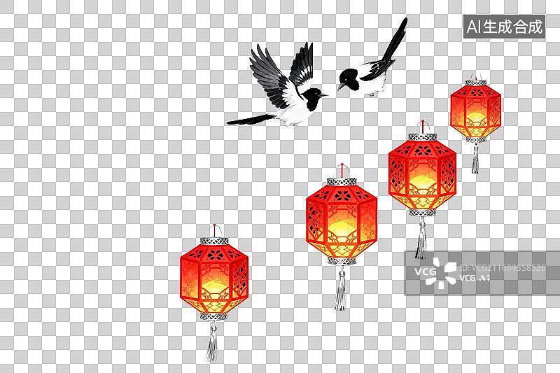 【AI数字艺术】红灯笼与飞鸟共舞夜景图图片素材