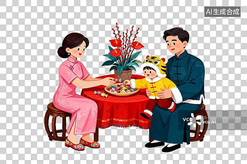 【AI数字艺术】一家三口围桌分享糖果温馨时刻图片素材