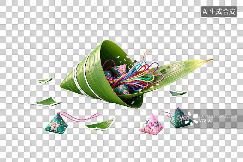 【AI数字艺术】粽子散落彩绳飘逸绿叶环绕图片素材