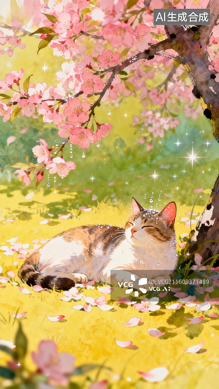 【AI数字艺术】猫咪在樱花树下休憩图片素材