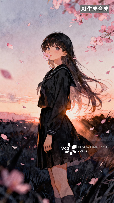 【AI数字艺术】少女在樱花纷飞的黄昏图片素材