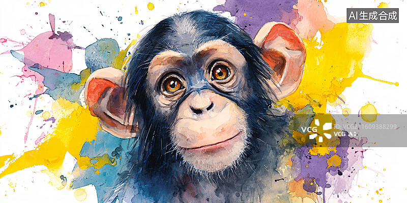 【AI数字艺术】水彩风格小猩猩肖像画特写图片素材