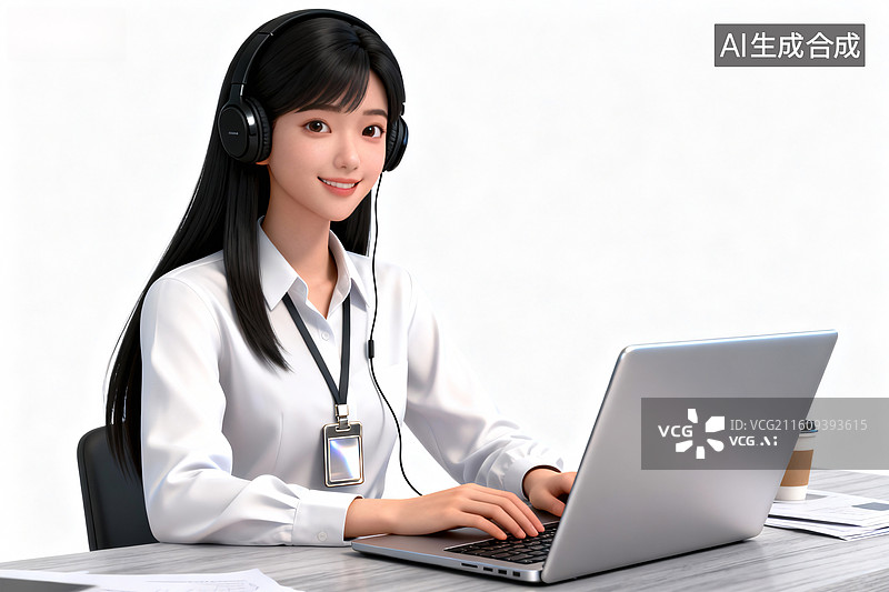 【AI数字艺术】戴耳机的女性客服人员工作场景图片素材