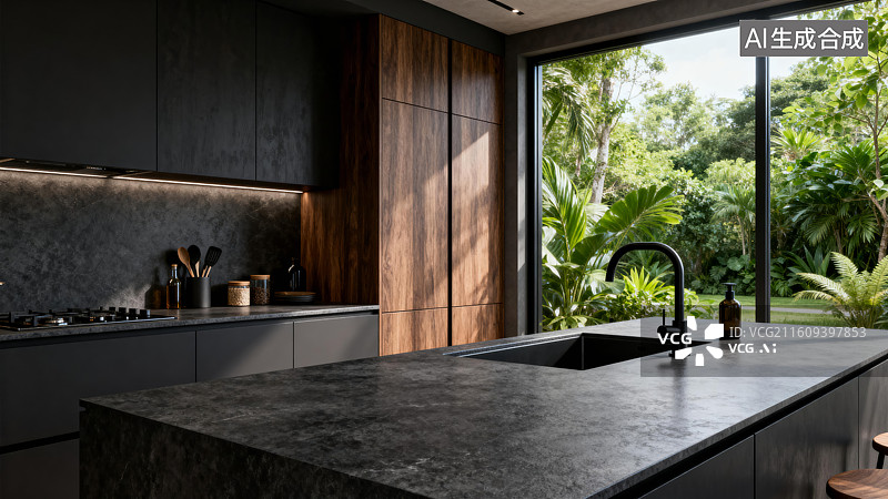 【AI数字艺术】现代厨房与窗外绿植景观图片素材