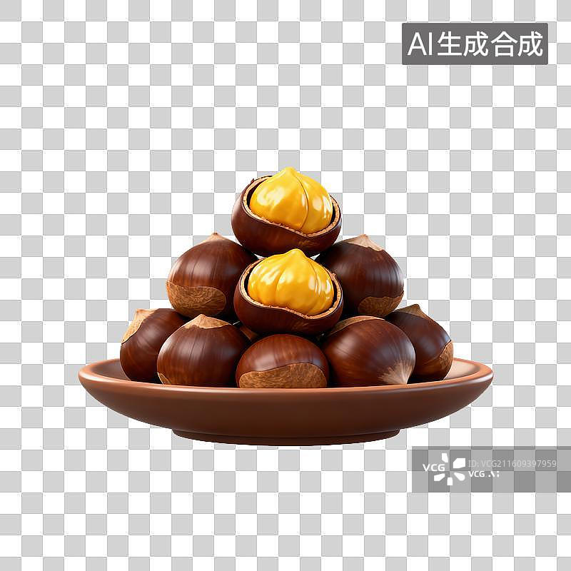 【AI数字艺术】3D二十四节气立冬轻拟物盘子里的板栗糖炒栗子元素图片素材