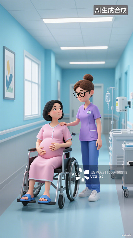 【AI数字艺术】3D三维护士推着坐在轮椅上的孕妇医院走廊上图片素材