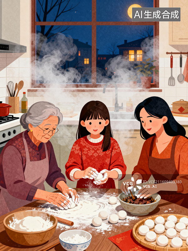【AI数字艺术】元宵节：祖孙三代围一起做汤圆图片素材