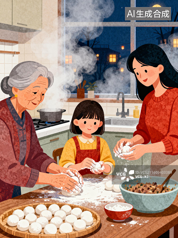 【AI数字艺术】元宵节：祖孙三代围一起做汤圆图片素材