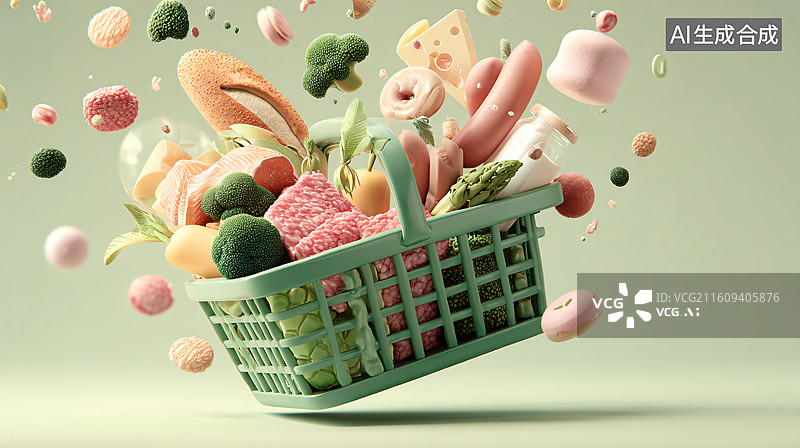 【AI数字艺术】绿色购物篮溢出多彩食物元素图片素材