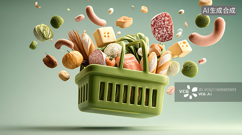 【AI数字艺术】绿色购物篮溢出多彩食物元素图片素材