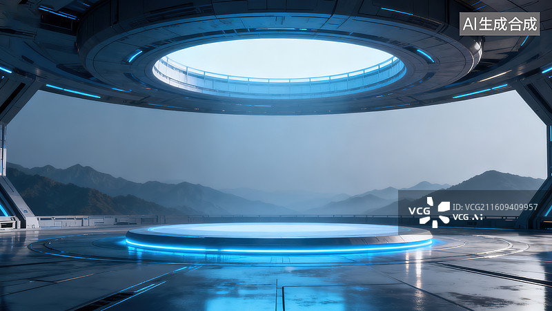 【AI数字艺术】《未来科技风的太空舱环形天窗蓝色光效展示台场景》图片素材