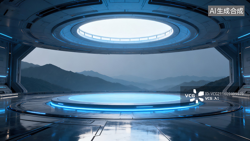 【AI数字艺术】《未来科技风的太空舱环形天窗蓝色光效展示台场景》图片素材