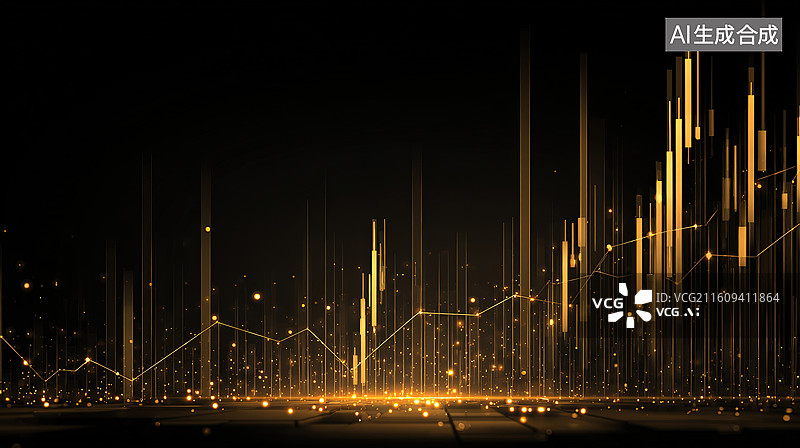 【AI数字艺术】金色数据流与动态图表图片素材