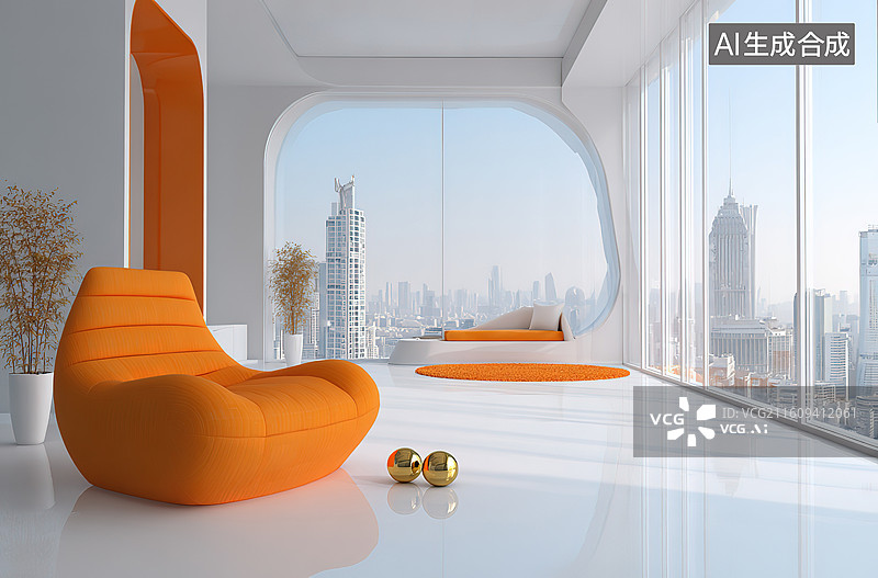 【AI数字艺术】现代橙色沙发室内设计图片素材