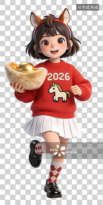 【AI数字艺术】迎接新年的3D红色喜庆服饰可爱时尚女子动作姿势图片素材