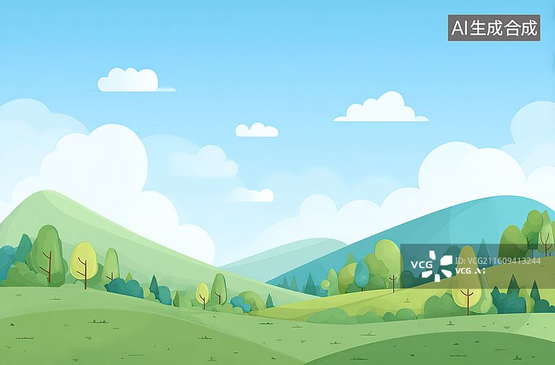 【AI数字艺术】卡通风格的绿色山丘风景图片素材