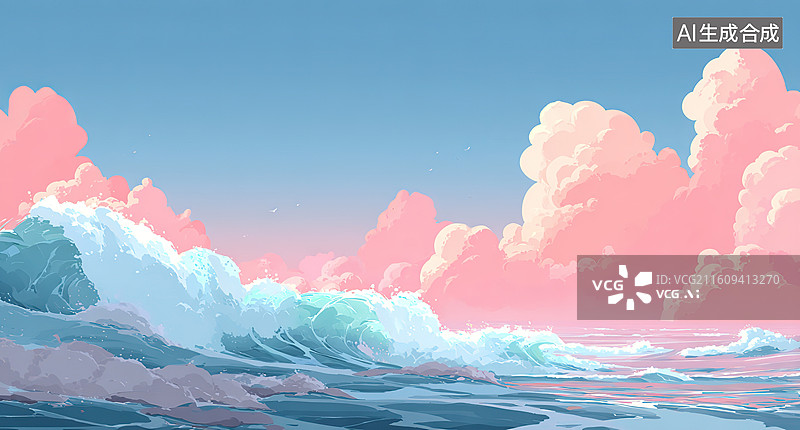 【AI数字艺术】海浪与粉红云彩的天空图片素材