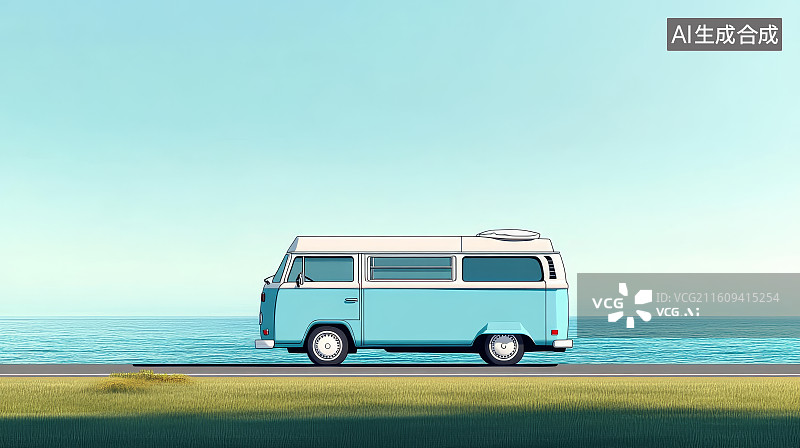 【AI数字艺术】复古巴士沿海滨公路清新旅行场景图片素材