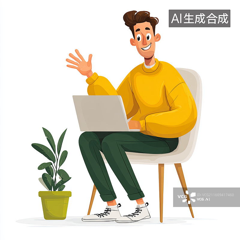 【AI数字艺术】男子坐在椅子上使用笔记本电脑图片素材