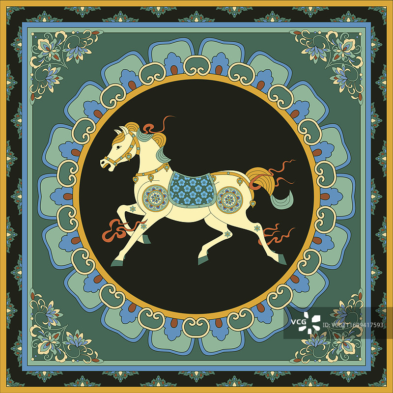 敦煌风格马年春节中国风插画图片素材