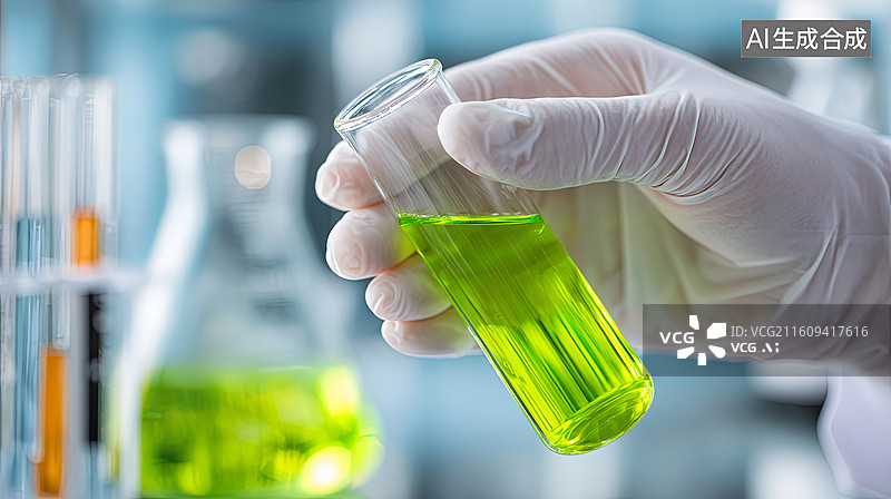 【AI数字艺术】实验室中手持绿色液体试管图片素材