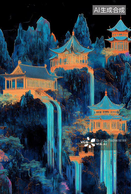 【AI数字艺术】东方意境山水插画图片素材
