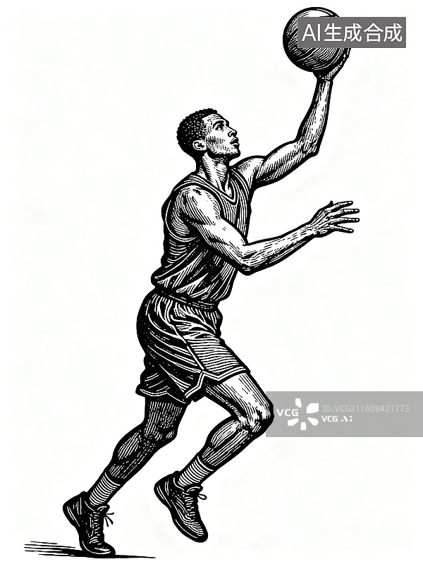 【AI数字艺术】球员投篮手绘插画图片素材