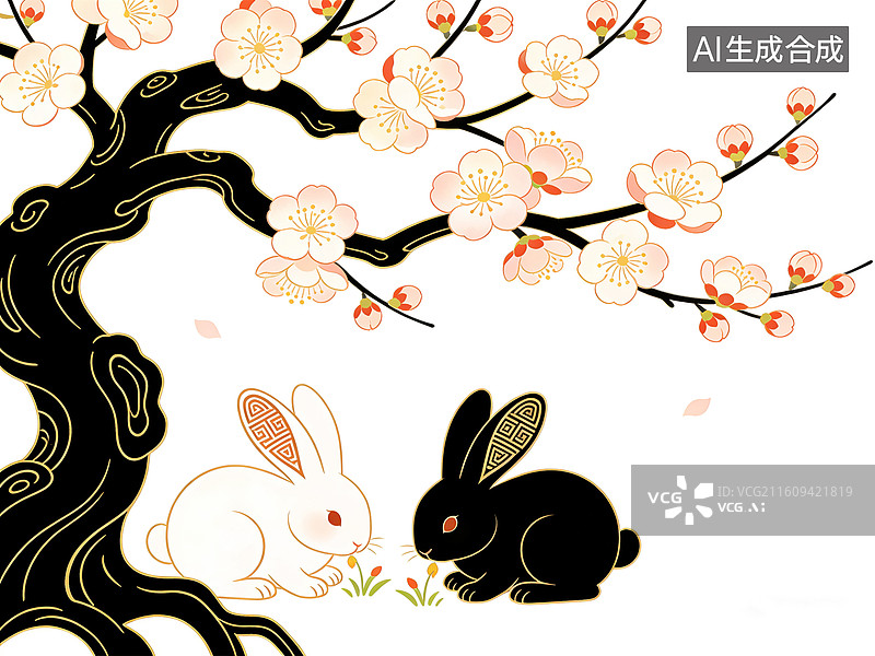 【AI数字艺术】兔子在樱花树下图片素材