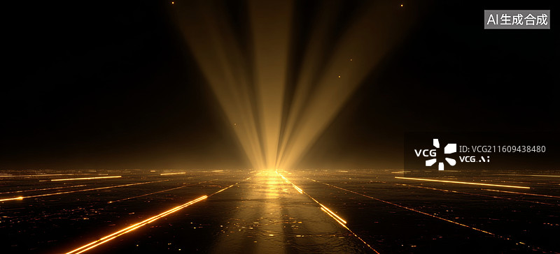 【AI数字艺术】金色光束从中心点向外辐射的抽象光影场景图片素材