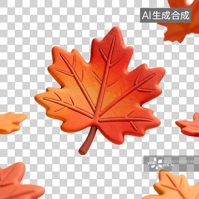 【AI数字艺术】3D渲染，卡通粘土风格，枫叶，冬天，秋天黄色叶子，树叶，树木，植物，免抠元素图片素材