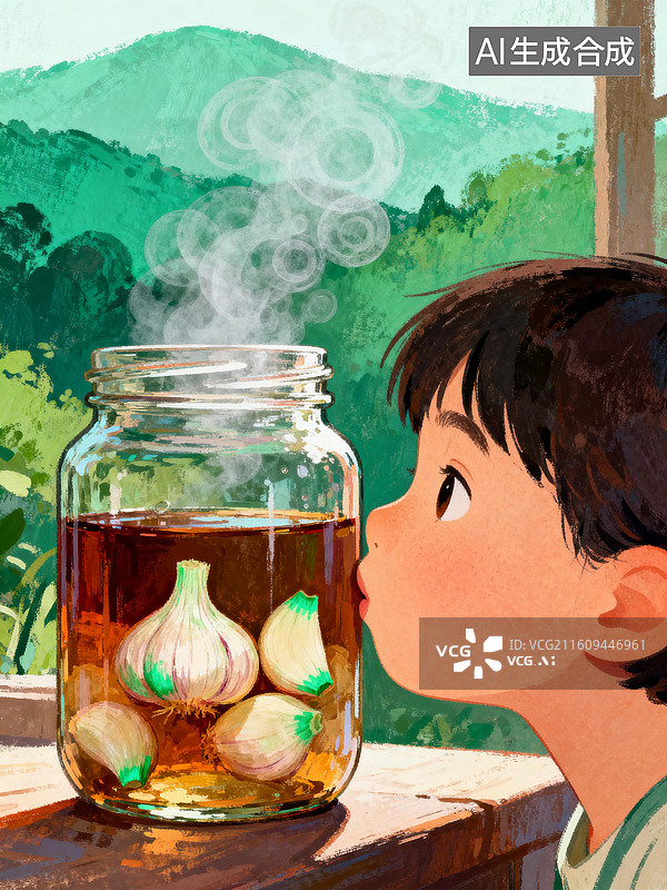 【AI数字艺术】一个男孩观察瓶子里的泡蒜 中国传统节日插画系列图片素材
