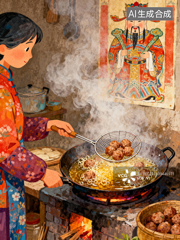 【AI数字艺术】祖母在炸肉丸子 中国传统节日插画系列图片素材