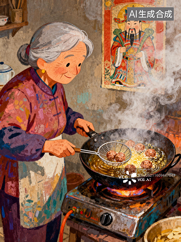 【AI数字艺术】祖母在炸肉丸子 中国传统节日插画系列图片素材