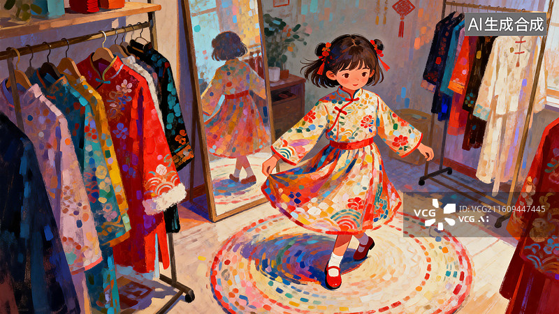 【AI数字艺术】在商店试穿新衣的女孩 中国传统节日插画系列图片素材