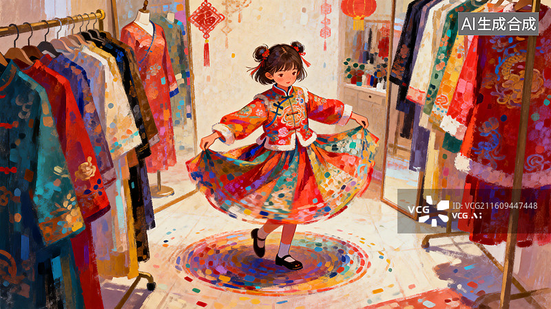 【AI数字艺术】在商店试穿新衣的女孩 中国传统节日插画系列图片素材