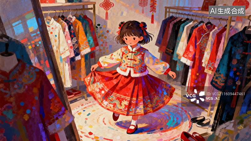 【AI数字艺术】在商店试穿新衣的女孩 中国传统节日插画系列图片素材