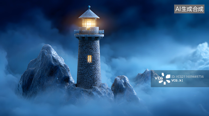 【AI数字艺术】波涛中一座灯塔图片素材
