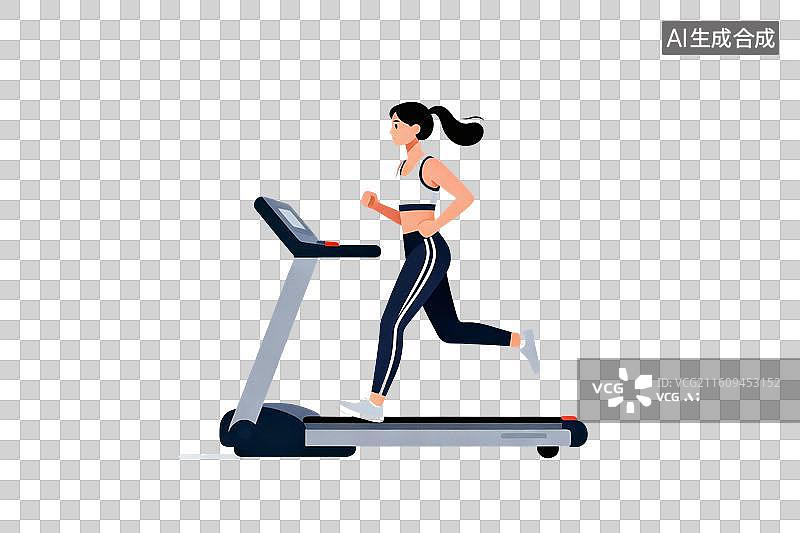 【AI数字艺术】卡通风格，穿着运动服的女子正在跑步机上锻炼PNG格式的免扣元素图片素材