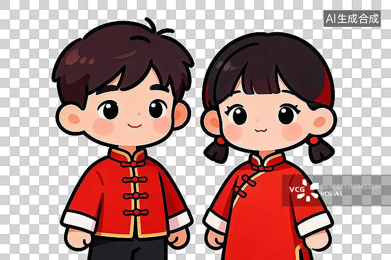 【AI数字艺术】卡通风格，穿着红色唐装的童男童女PNG格式的免扣元素图片素材