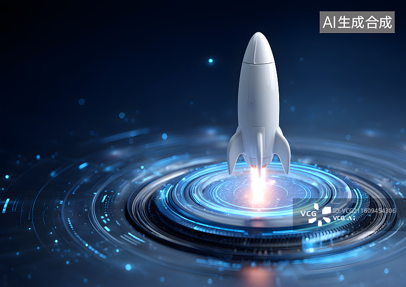 【AI数字艺术】科技背景上一颗发射的火箭图片素材