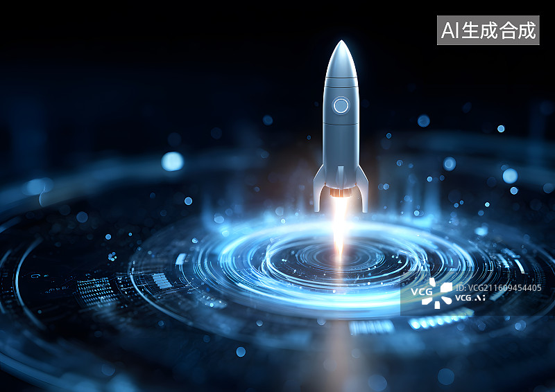 【AI数字艺术】科技背景上一颗发射的火箭图片素材