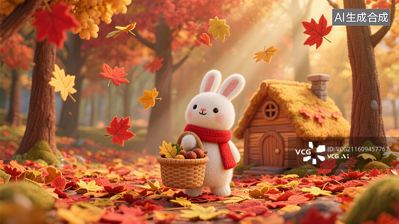 【AI数字艺术】白兔提篮秋日童话图片素材