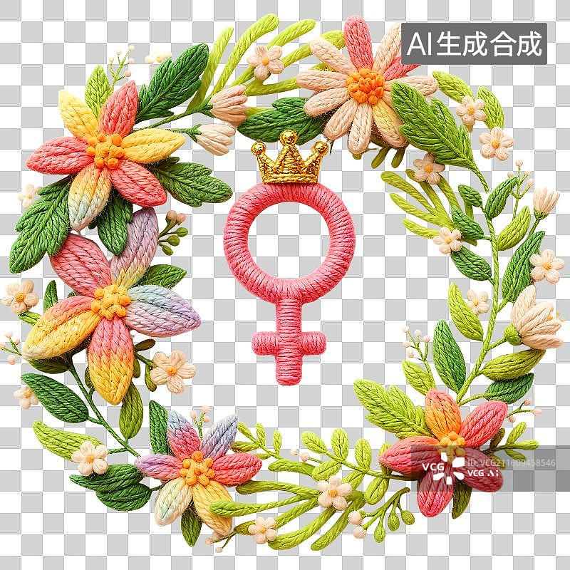 【AI数字艺术】3D多色的毛线编织花环中的粉红色女性符号，三八节图片素材