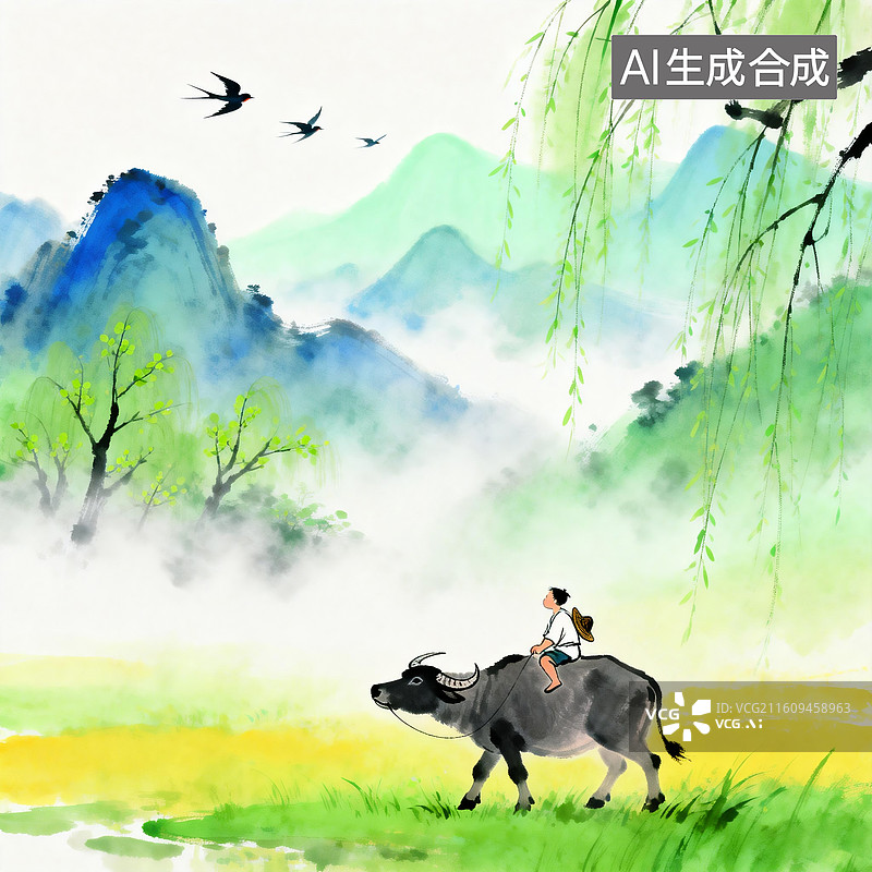 【AI数字艺术】春天清明时节牧童和牛图片素材