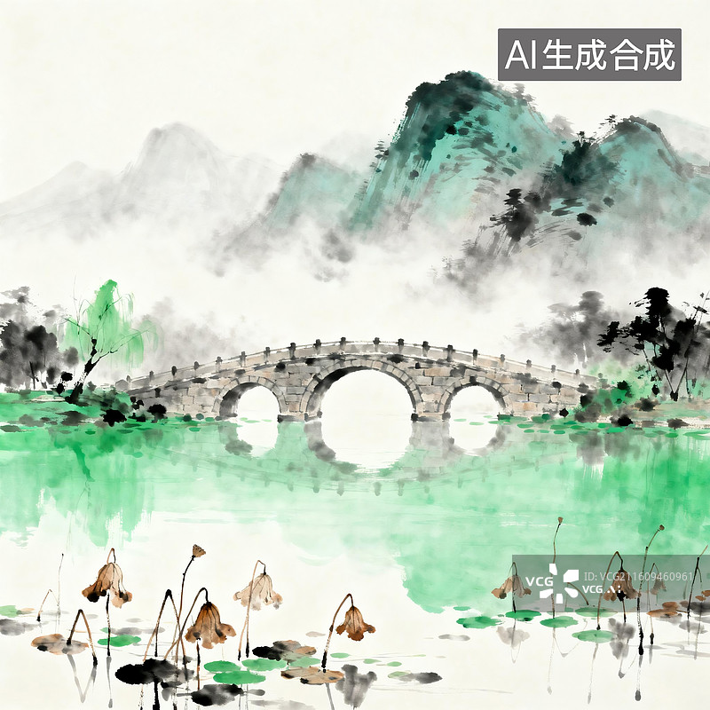 【AI数字艺术】水墨绘画前景稀疏少量枯枝荷叶中景是石桥图片素材