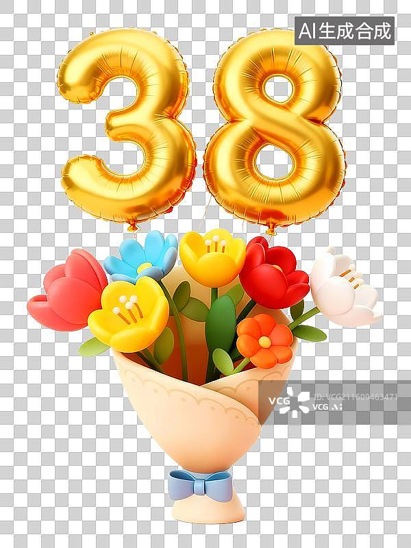 【AI数字艺术】3D一束花和金色气球数字38，祝贺女神节三八节妇女节节日快乐图片素材