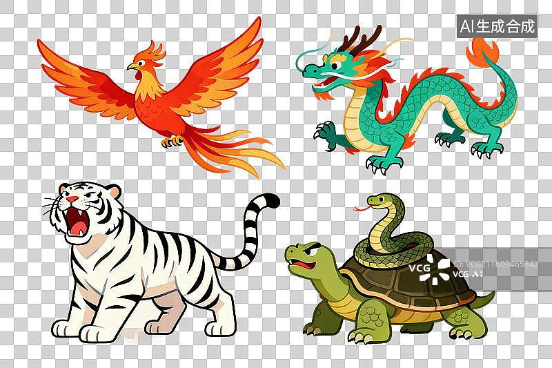 【AI数字艺术】卡通风格，四大神兽，青龙，朱雀，白虎，玄武PNG格式的免扣元素图片素材