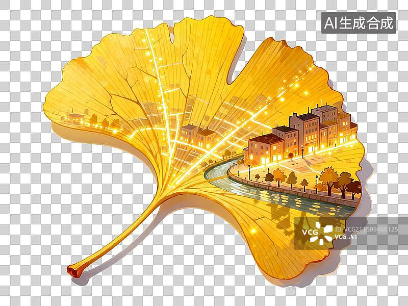【AI数字艺术】黄色银杏叶中的城市风景，傍晚的灯光和河流，旅游与环保插画免扣元素图片素材