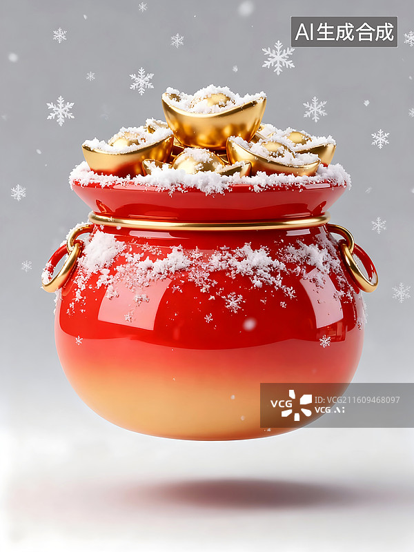 【AI数字艺术】雪花覆盖的3D红色福袋装满了金元宝图片素材