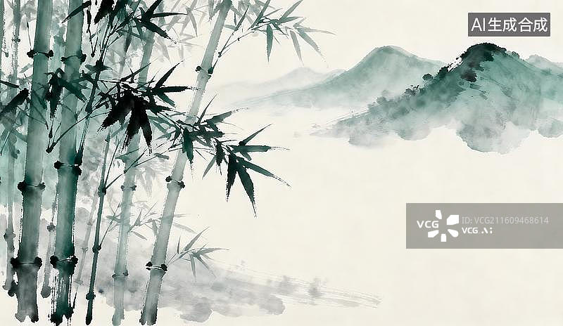 【AI数字艺术】水墨竹枝与朦胧山峦图图片素材